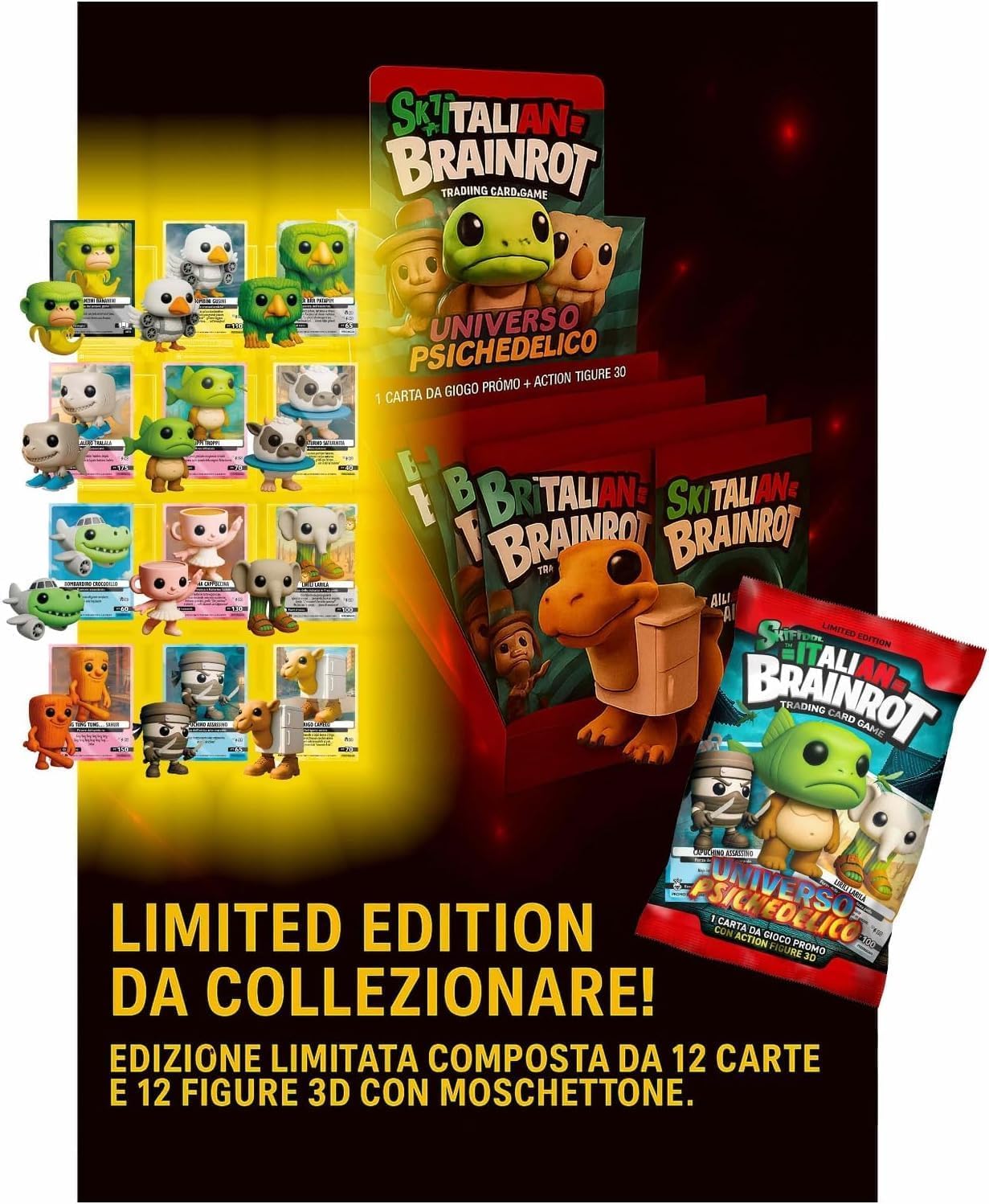 Generisch Skifidol Brainrot Sammelkarten-Spiel, Limited Edition Set mit 12 Karten, 12 3D-Figuren mit Karabiner, Psychedelisches Design, Sammelspiel
