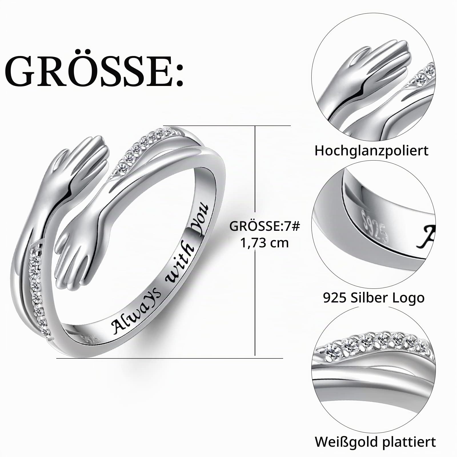 Mom Geschenke Hug Ringe 925 Sterling Silber Umarmung Hände CZ Open Ring Eingraviert Always With You Umarmen Versprechen Jahrestag Ring
