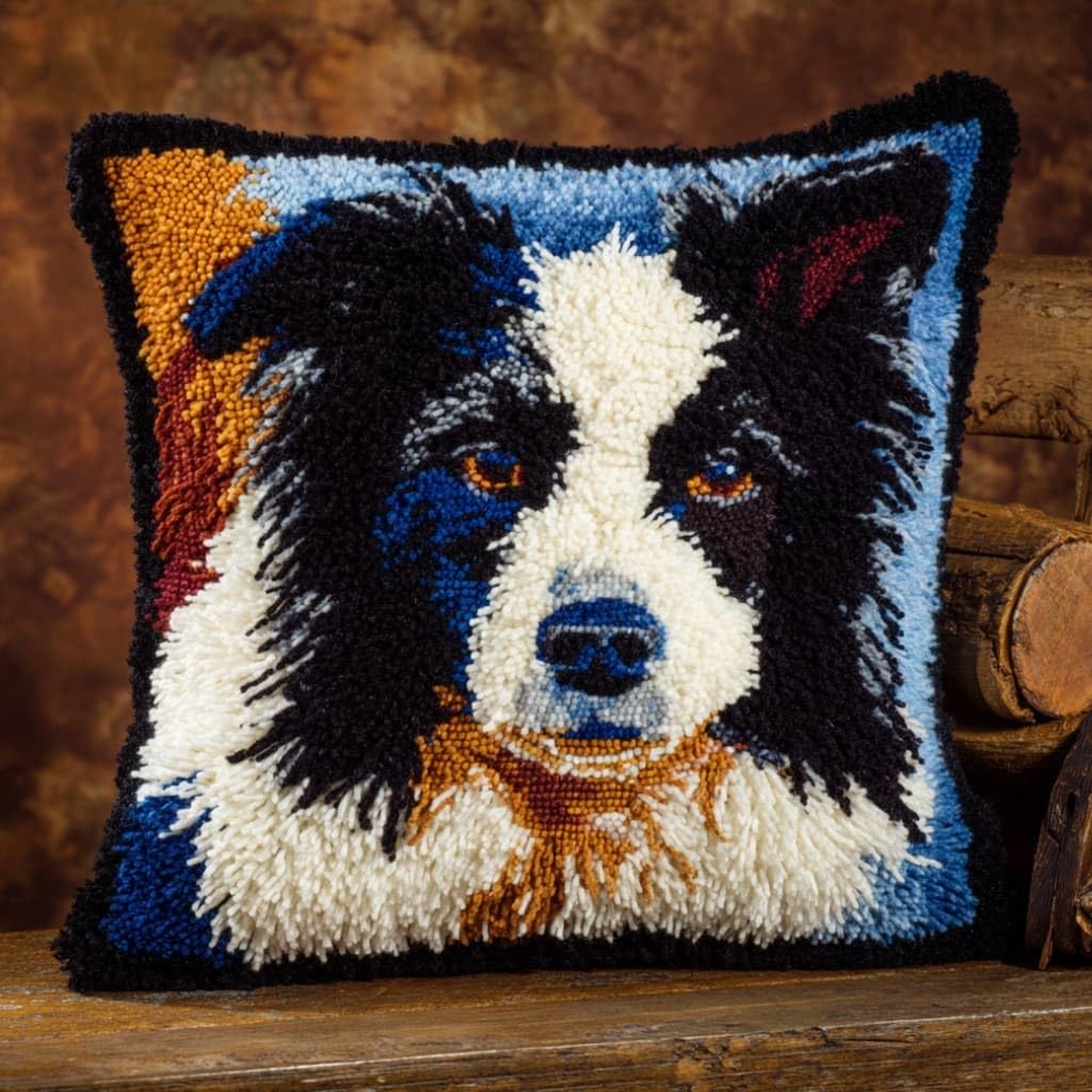 AxiangziK Latch Hook Pillow Kit,Border Collie DIY Cushion Cover 43X43Cm