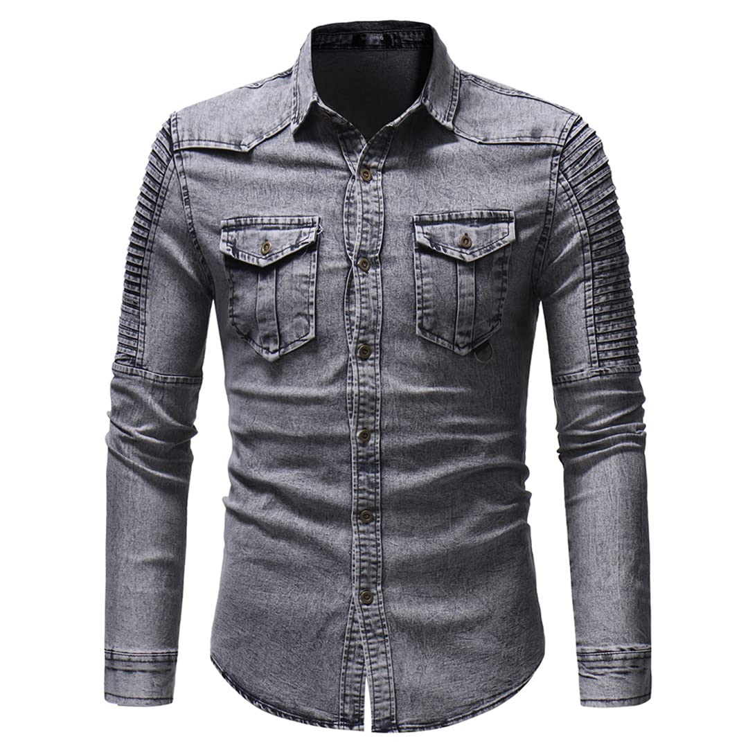 Camicia da lavoro casual da uomo in cotone a maniche lunghe con tasche frontali sul petto a due bottoni