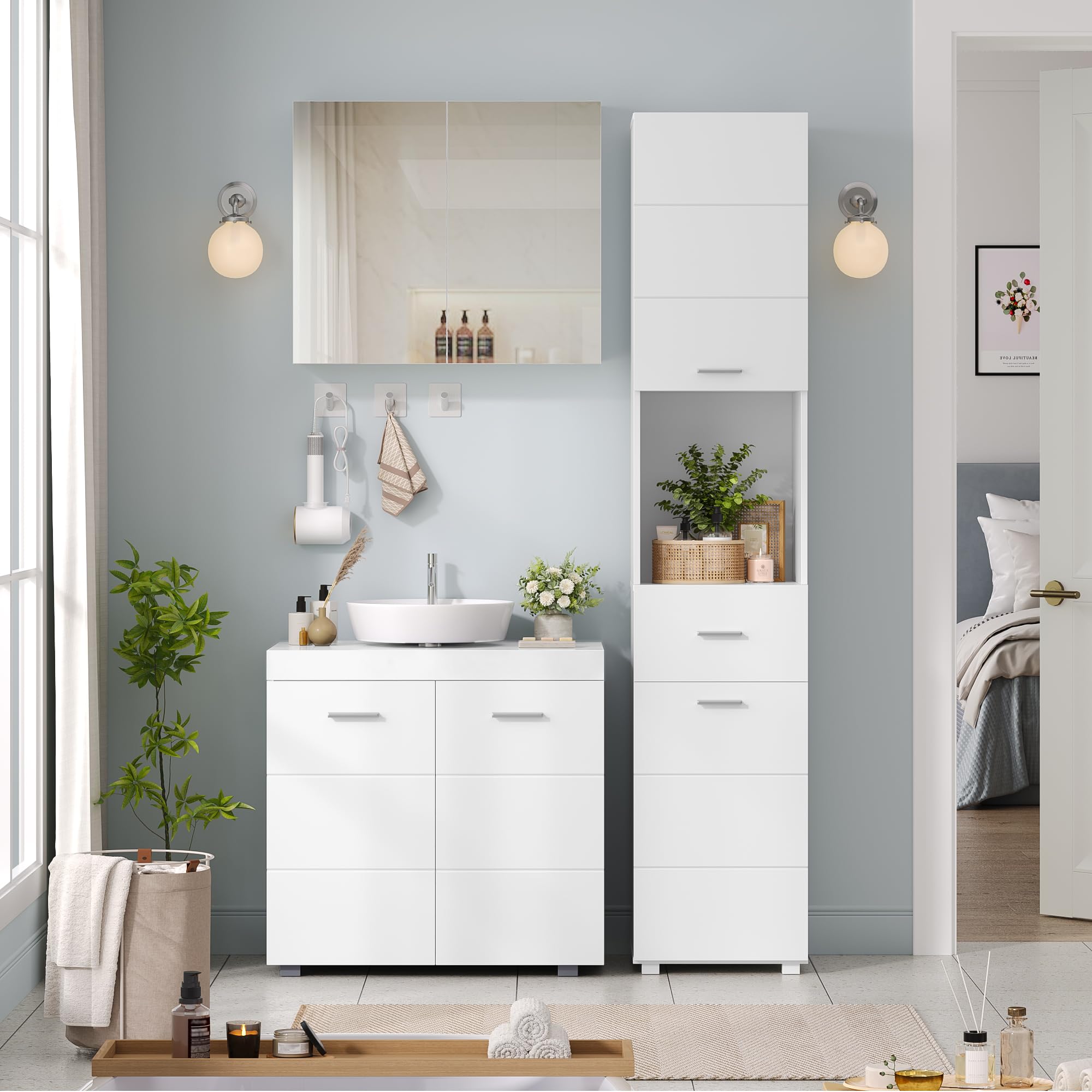 FOREHILL Waschbeckenunterschrank Unterschrank Badezimmerschrank mit 2 Türen und 2 Ablagen, 60x31x60cm, für Badezimmer, weiß