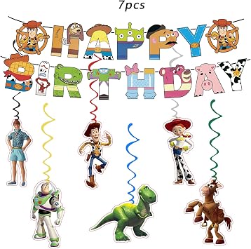 For Toys anime Happy Birthday Banner, Party Decoration With 6 Vortex Decorative Pendants