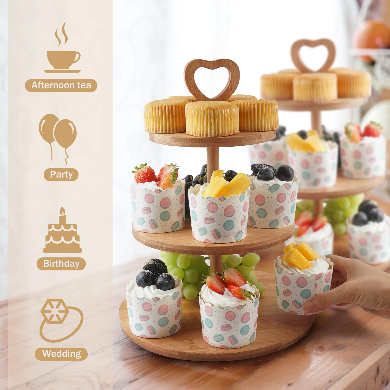 Alzata in legno a 3 ripiani per feste, matrimoni, compleanni, piatti da portata per biscotti, dolci, pasticceria, torre rimovibile per tè pomeridiano o prodotti da forno