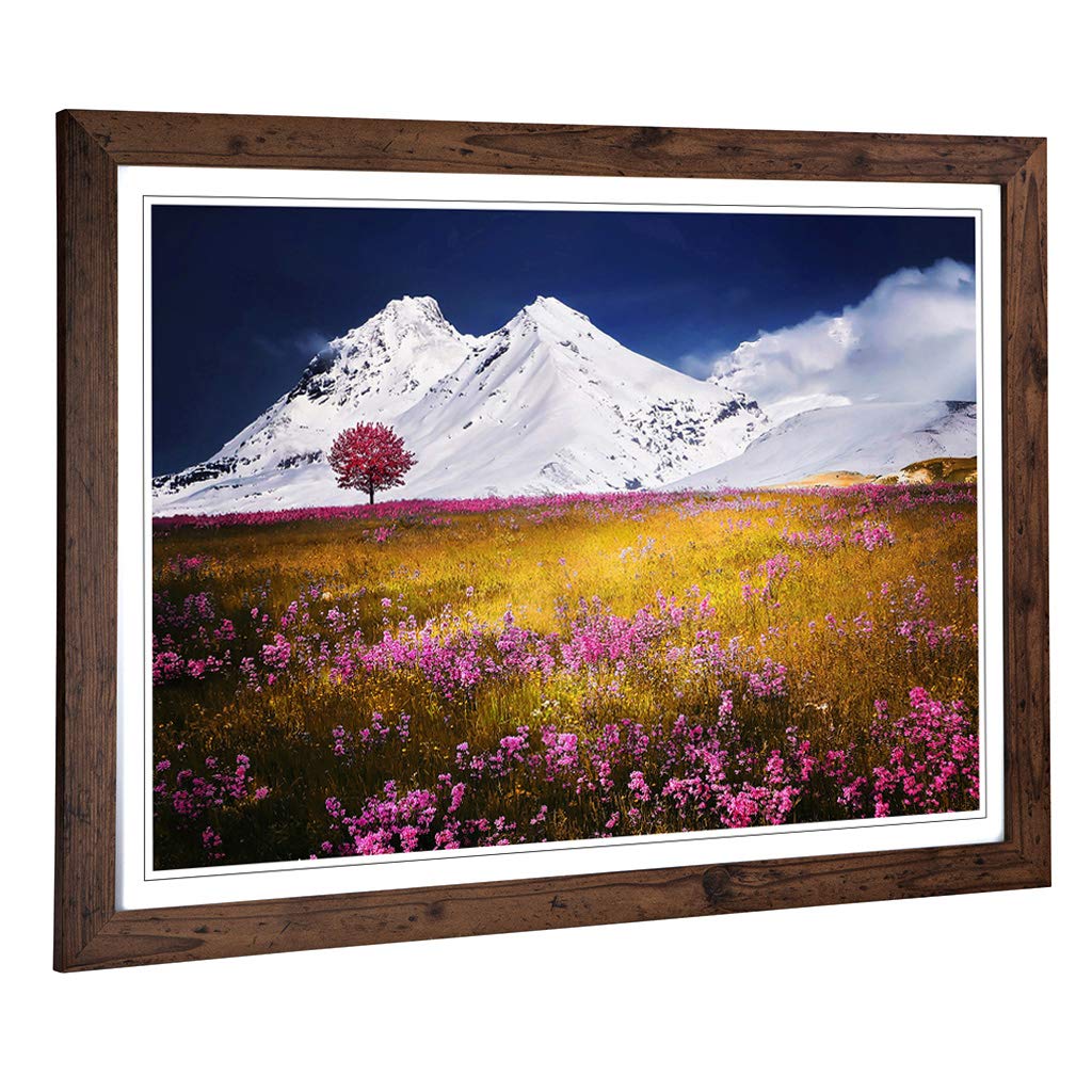 Big Box Art Framed Print of Landscape Lone Tree, Flowers & Montains Design | Wall Art Picture | Home Decor for Kitchen, Living Room, Bedroom, Hallway, Walnut, A2 / 24.5x18 Inch / 62x45cm