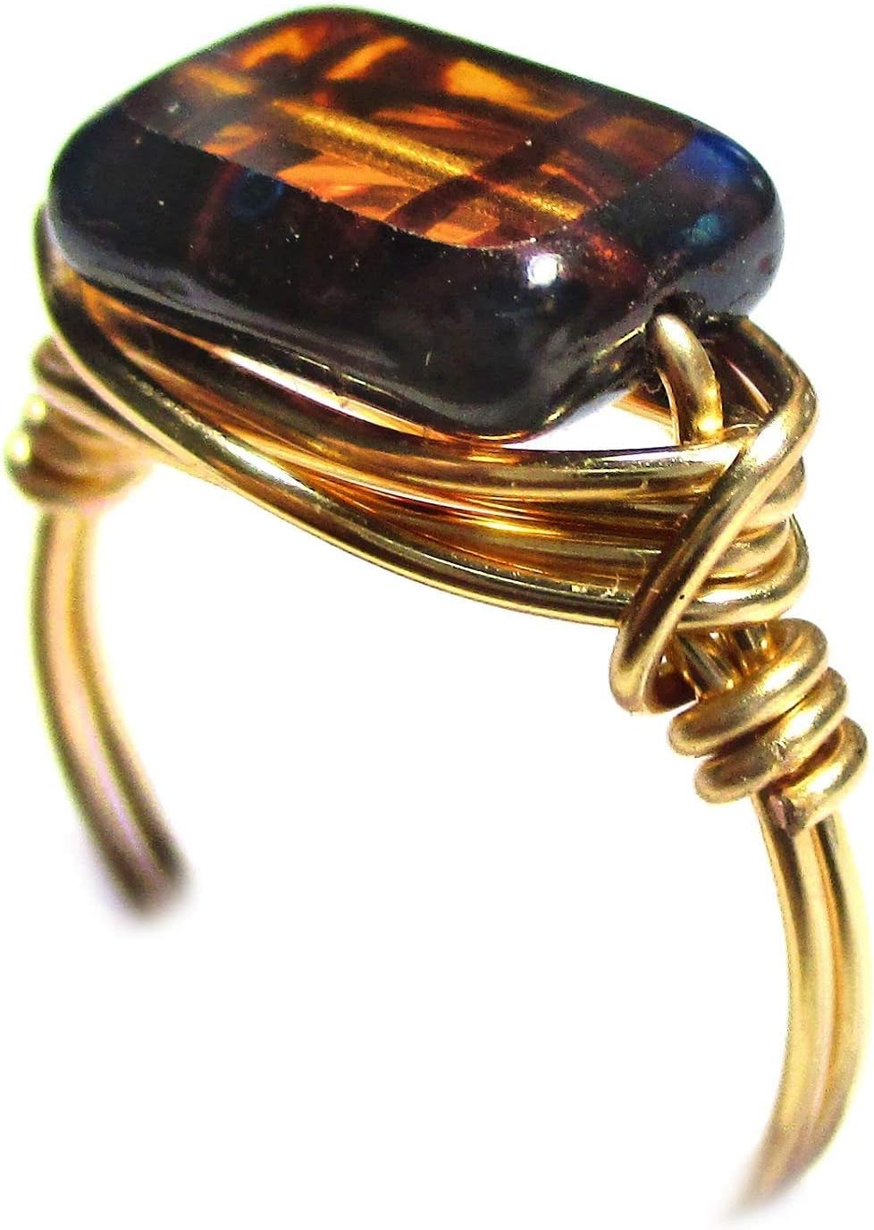 Mottled Topaz Tortoise CZ Art Glass Handmade Copper-Gold-Silver Solitaire Wire Wrap Women’s Ring Jewelry Gift for Her Hand-Crafted in USA