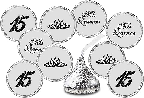 Mis membrillo negro besos pegatinas (juego de 216), etiquetas de gotas de chocolate de quinceañera, 15 recuerdos de decoración de fiesta para besos.