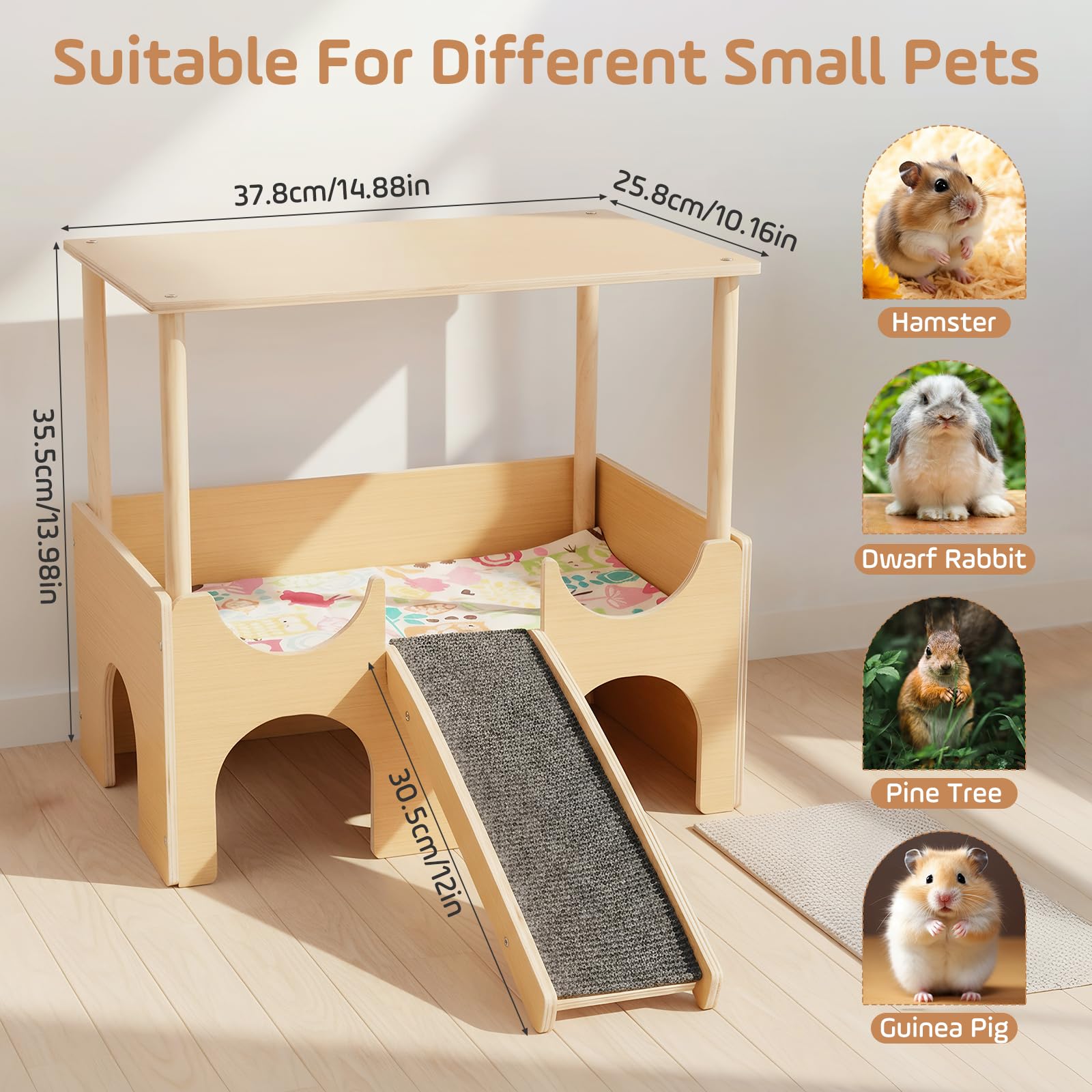 Meerschweinchen Haus aus Holz, 38 x 35 x 26 cm Meerschweinchen Versteck mit Treppe und Matten, Versteck für Kleine Haustiere Hamster Chinchillas Zwerg Degus Stachelmäuse Kaninchen