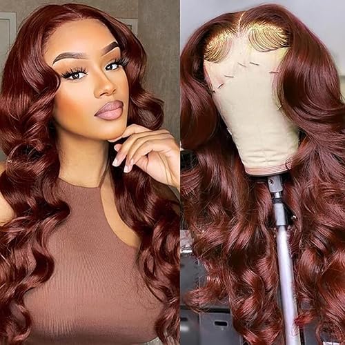 Pelucas de cabello humano con encaje frontal marrón rojizo de 13 x 4 pulgadas, pelucas de cabello humano ondulado con encaje frontal de 180 % de