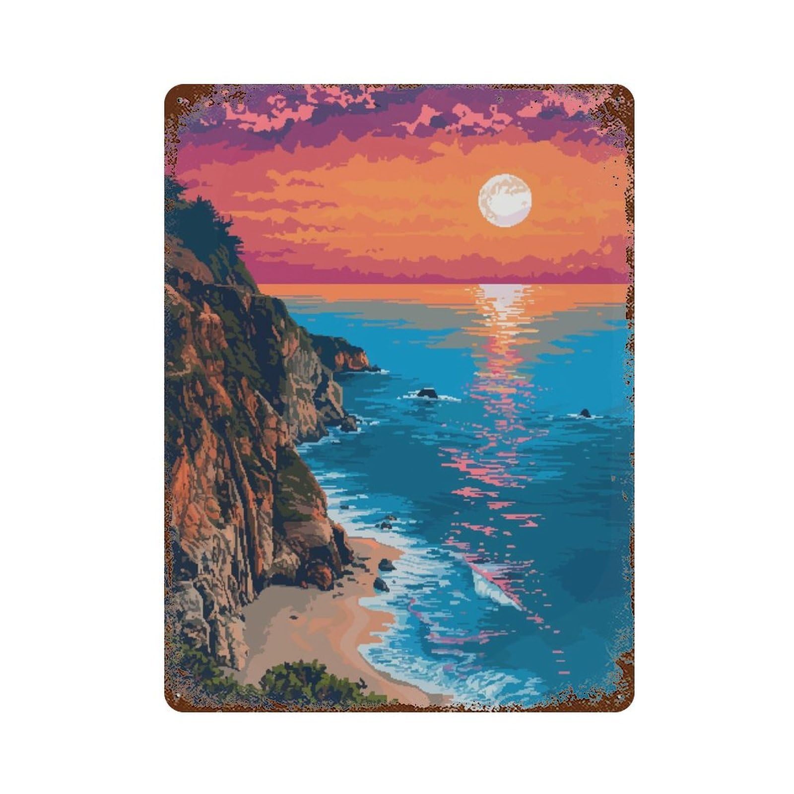 Garage Style California Coast Pixel Art Rust Effect Tin Sign 15.7"x11.8", Industrial Home Decor for Bar And Workshop