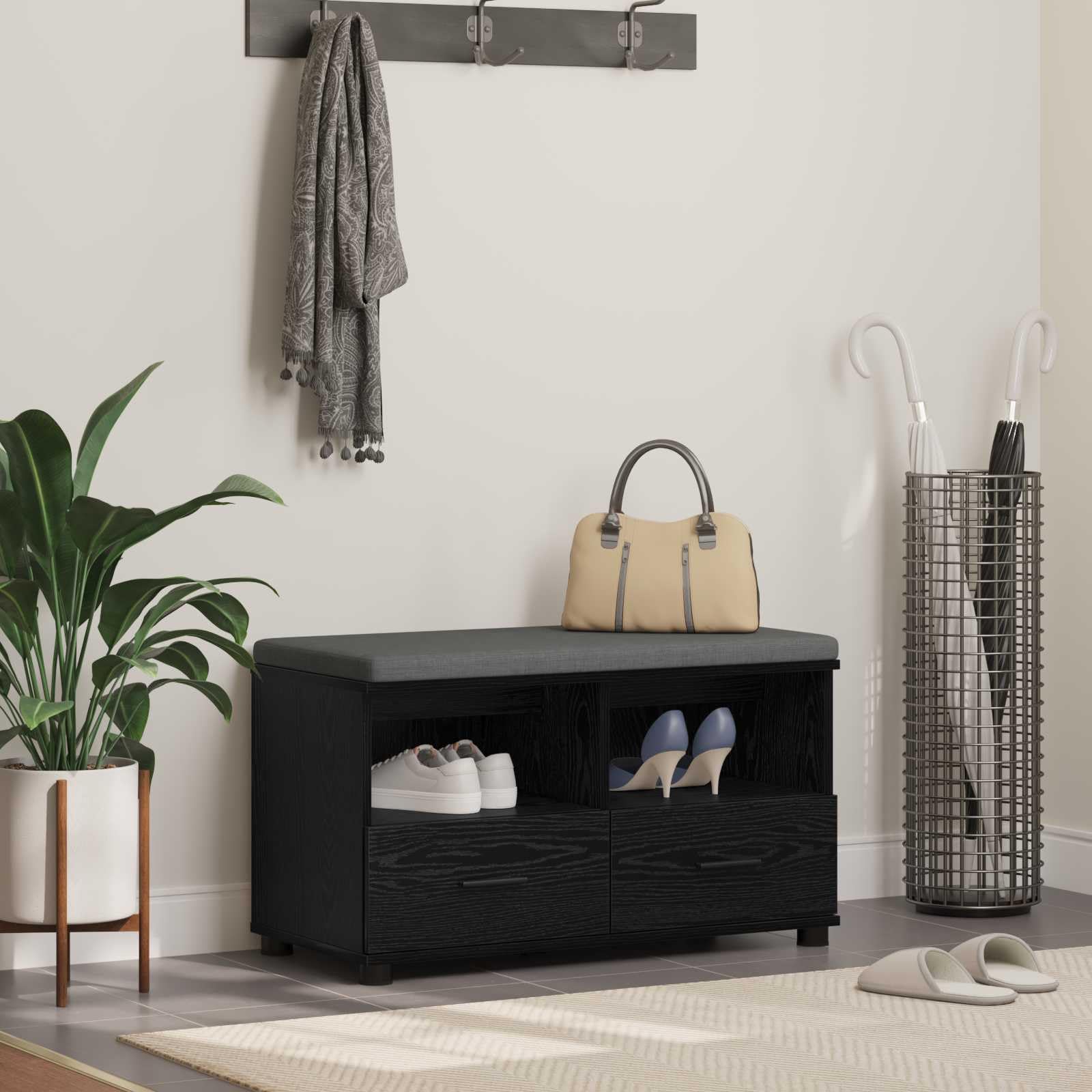 Banco de pasillo de roble negro de 80 x 38 x 46 cm, asiento con almacenaje para recibidor y dormitorio