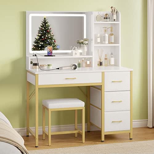 GREENSTELL Vanity Desk with Mirror and Lights, Makeup Vanity Table