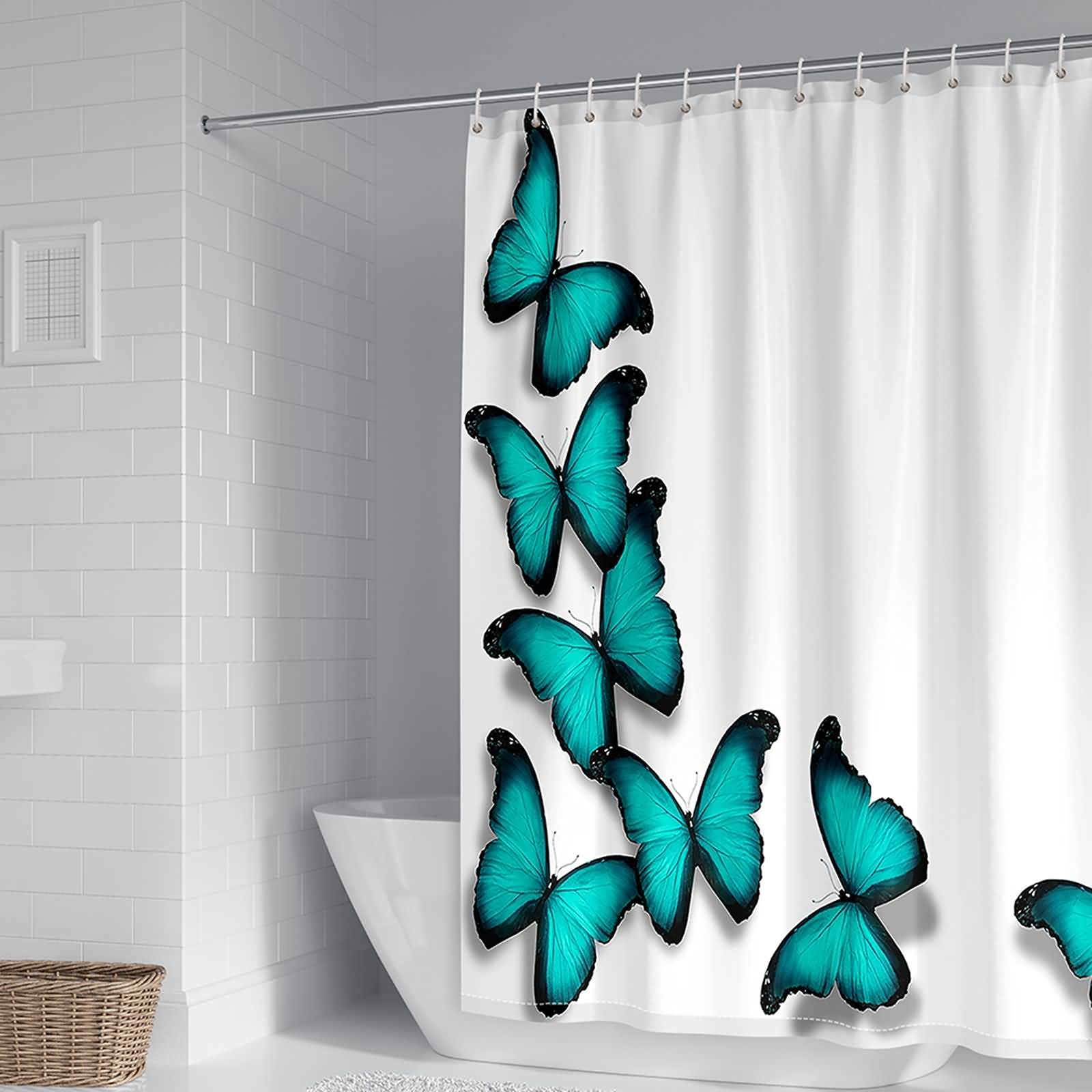 Rideau de douche 180x200cm polyester bleu à motifs papillons