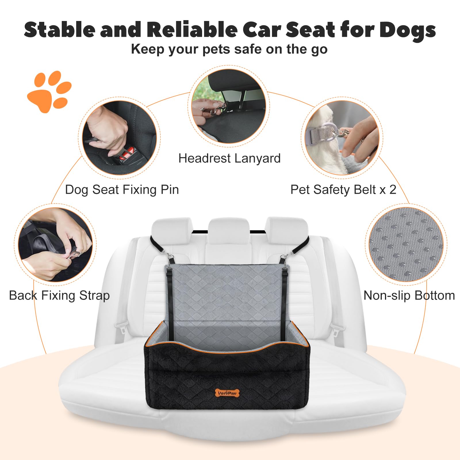 VavoPaw Hunde Autositze für mittlere/große, Hundesitz für Hunde unter 50Lbs | Hundesitzerhöhung für 2 kleine Hunde,2 Sicherheitsleinen, Hundesofa-Kissen mit Schaumstoff, Haustiere Transportbox