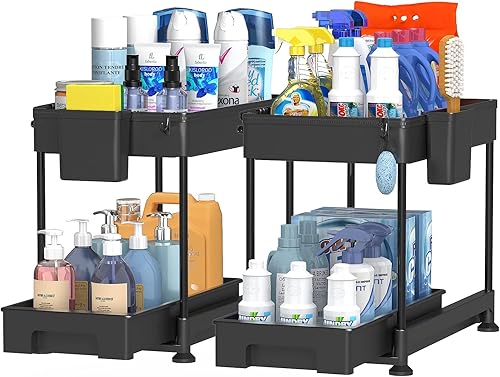SAKA - Estante organizador de 2 niveles con bandeja deslizante para colocar debajo del fregadero en baños y cocinas estantería para organizar el