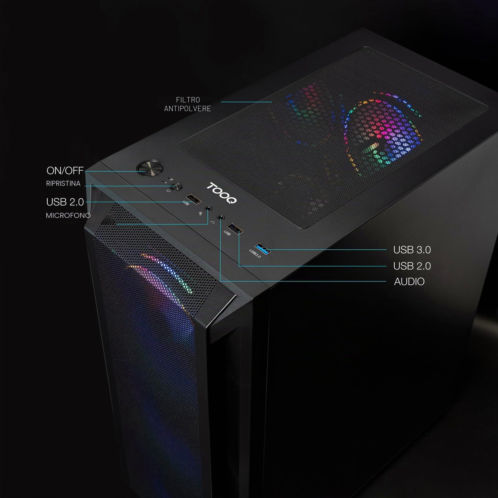 TOOQ TQGCC101-B - Case da gaming mid-tower "RAGNÄROK" ATX/MicroATX/Mini-ITX, vetro temperato, include 4 ventole RGB, Nero