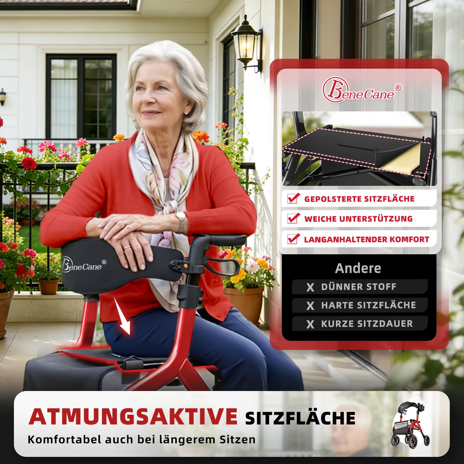 BeneCane Rollatoren Outdoor, Rollator Faltbar und Leicht mit Sitz, Aufstehhilfe, Gehhilfe für Senioren, Leicht Klappbar, Höhenverstellbar, Reiserollator mit Sitzfläche, Rückengurt, Tasche, Gehwagen