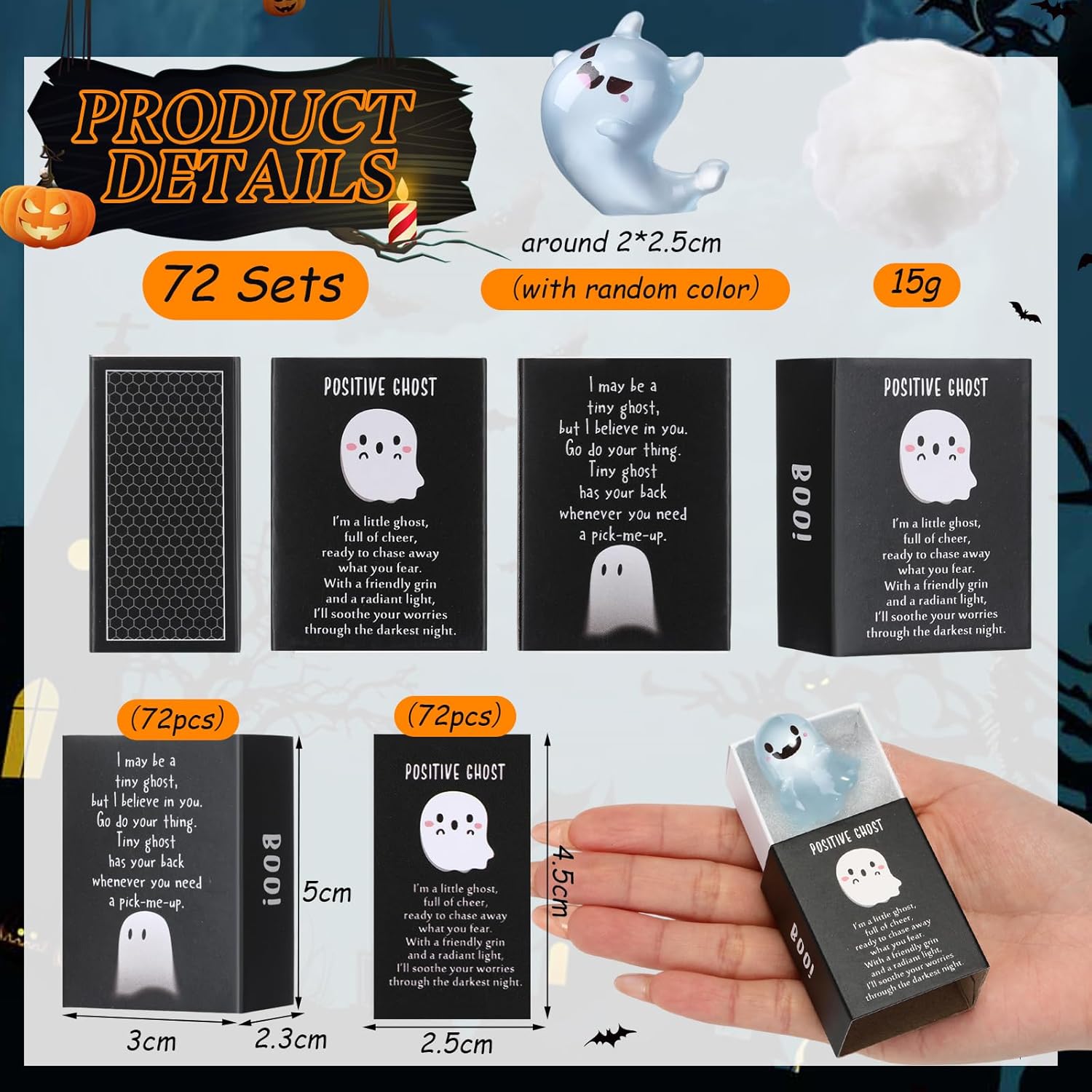 72 Sets Halloween Ghost Party Favors Glow in The Dark Gift Resin Spirit Figures with Boxes and Positive Cards Mini Luminous Positive Ghost for Basket Stuffer Office Table Decor (Classic)