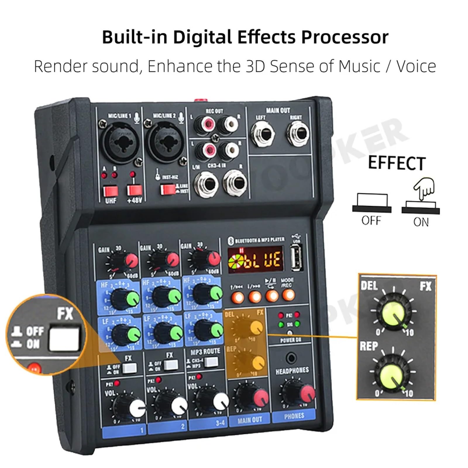 Console mixer audio a 4 canali Woopker con microfono wireless Mixing Ingresso USB Mixer DJ Artisti e Band(Black Set)