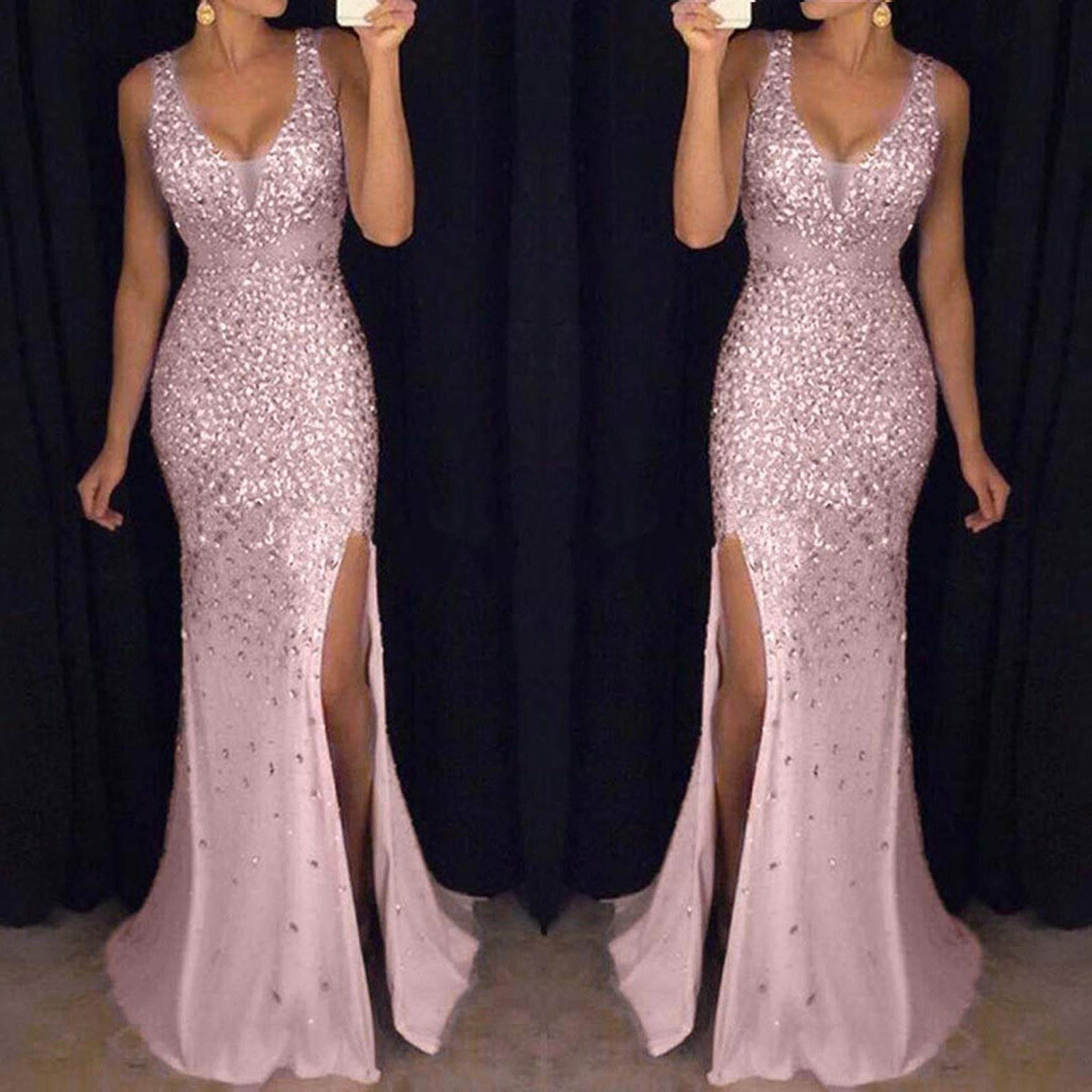 Maxi robe pour femme - Robe de soirée - Robe de cocktail - Longue jupe avec fente - Col en V - Robe de bal et de cocktail - Sexy, Rose, M