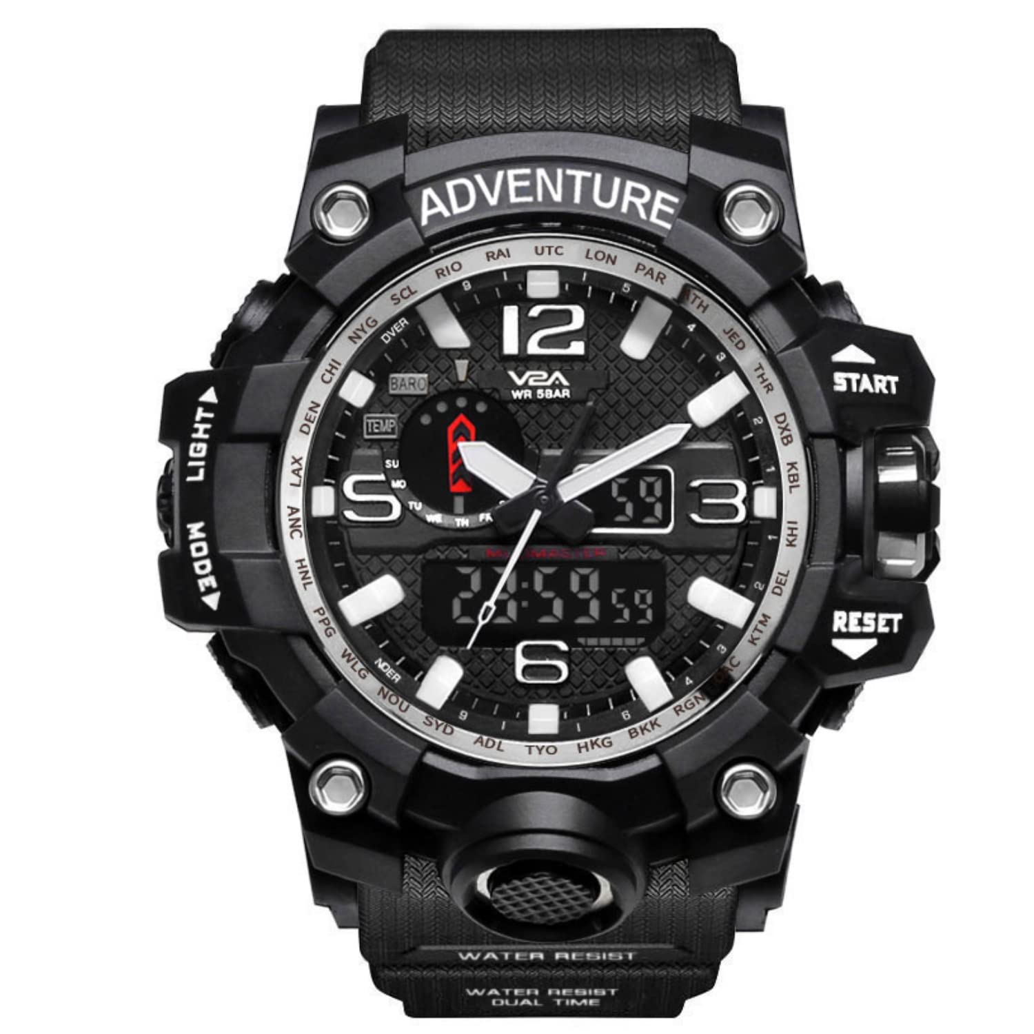 V2AAdventure Chronograph Digital Analog 5 ATM Waterproof Sports Watch for Men, Black-Silver, Digital