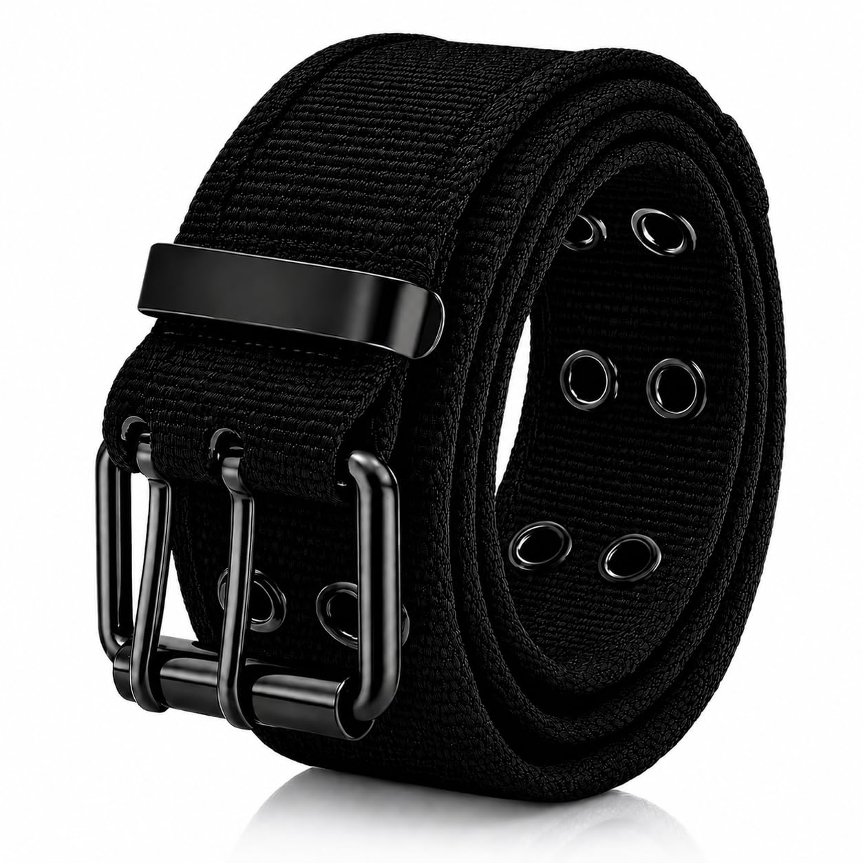 Canquanswzx Unisex Black Nylon Web Belt For Men And Women, Adjustable Belt Nylon Webbing Double Grommet Belt For Mens, Casual Fashion Waist Belts For Jeans, Streetwear Work Belts For Men