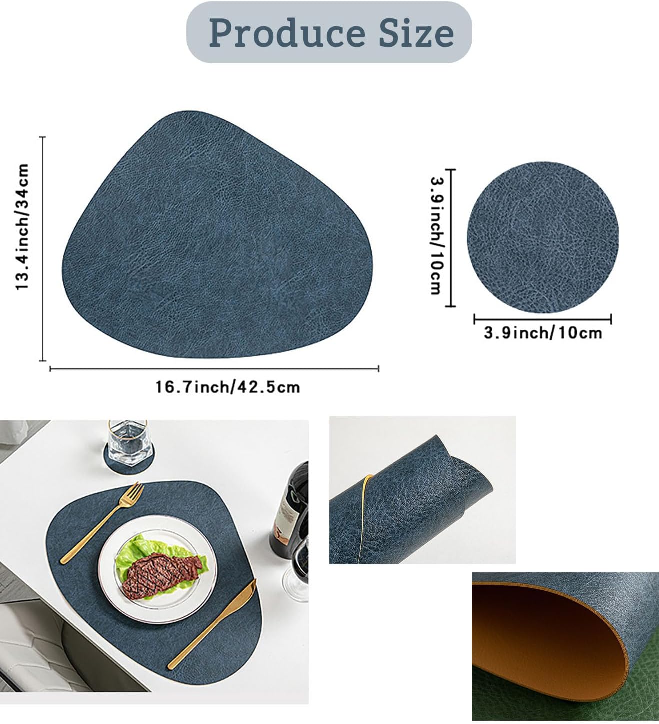 Leather Placemats+Coasters Set of 6 Heat Resistant Waterproof Oil-Proof Wipeable Leather Dining Table Mat for Party Kitchen Restaurant Decoration (Blue)