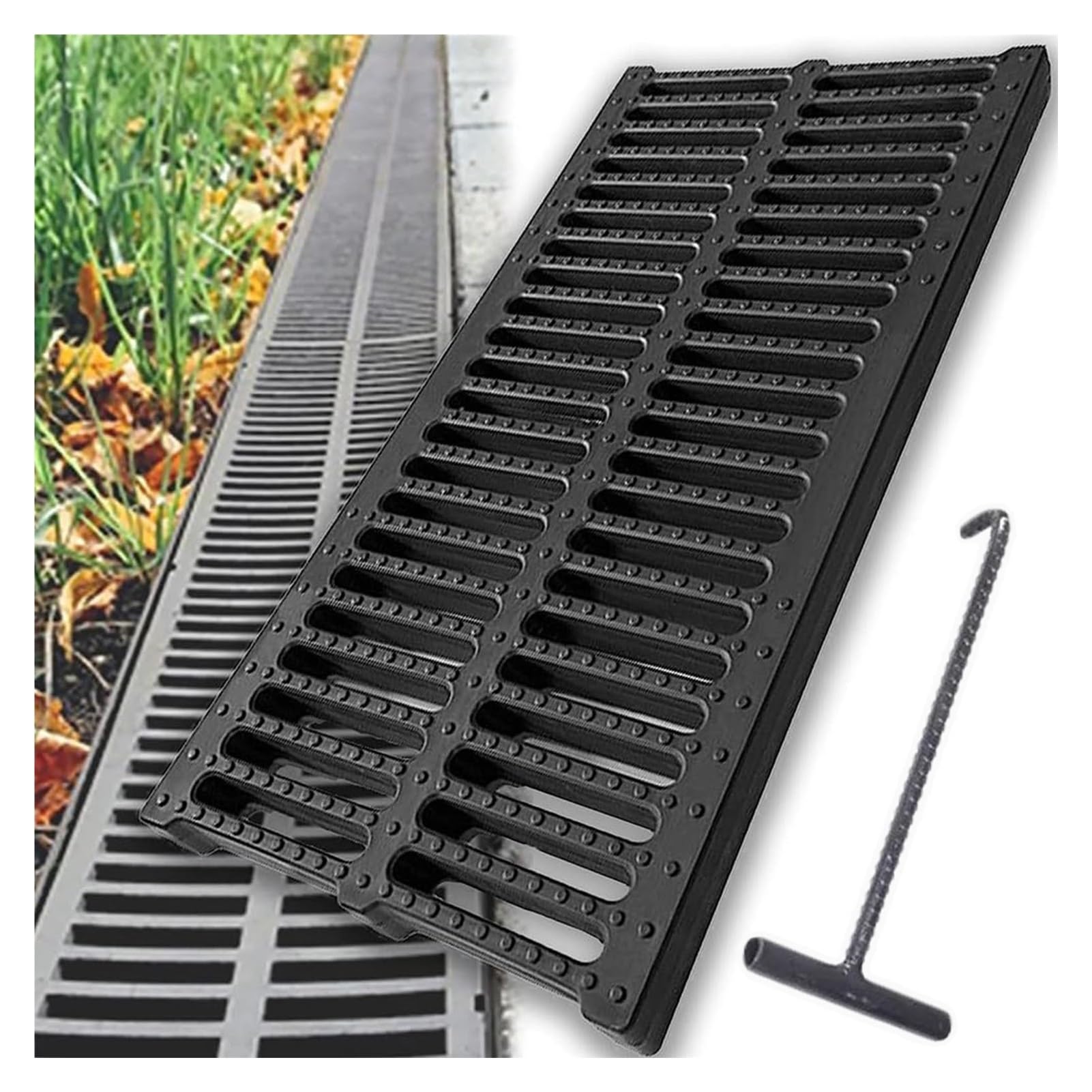 Outdoor Drainage Grate for Garden & Entryway Steel Hook Trench Drain Cover Easy Install Heavy-Duty Durable Landscaping Solution Prevents Clogs & Debris