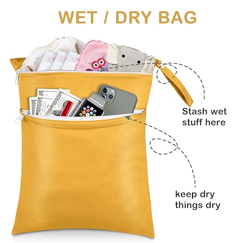 Miniatura 4 de Angel Love Bolsas húmedas, paquete de 2 bolsas para pañales de tela para bebé, bolsas húmedassecas con dos bolsillos con cremallera, viajes, playa,