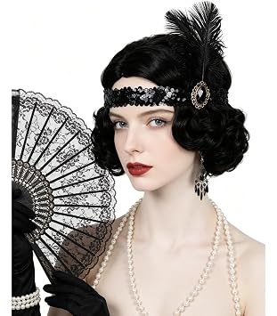 Probeauty Black 1920s Wig for Women Short Finger Curly Wavy Hair Wig Synthetic Vintage Flapper Cosplay Wigs for Halloween Costume Party Dress
