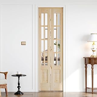 Bifold Doors for 24"×80" Opening, Clear Glass French Interior Folding Barn Door with Concealed Hardware Kit Included, Spruce Wood Support DIY Dyeing, Preassembled Door, Save Space