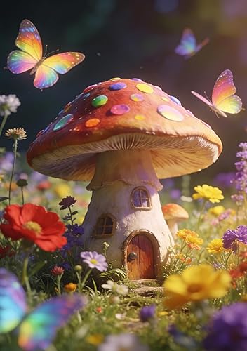 Miniatura 42 de Paisaje de fantasía con piedras, lámparas, flores, árboles, luna y mariposas, bandera de jardín de 12 x 18 pulgadas, pequeña vertical de doble cara