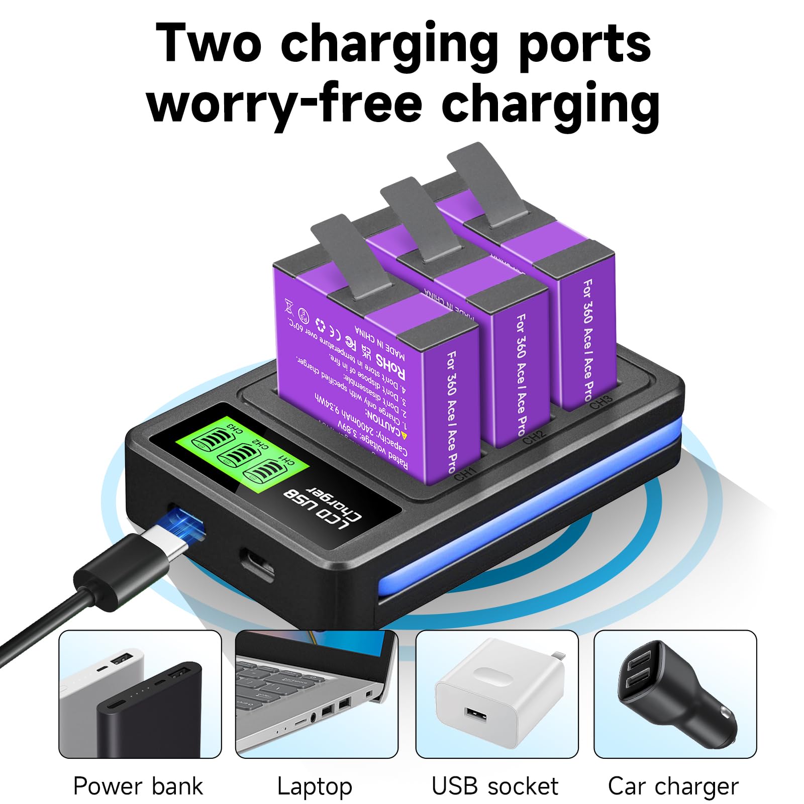 CITYORK Caricatore a 3 slot e 3 batterie da 2400 mAh, compatibile con Insta360 Ace e Pro, batteria di ricambio per Insta360 Pro, con display LCD e cavo USB