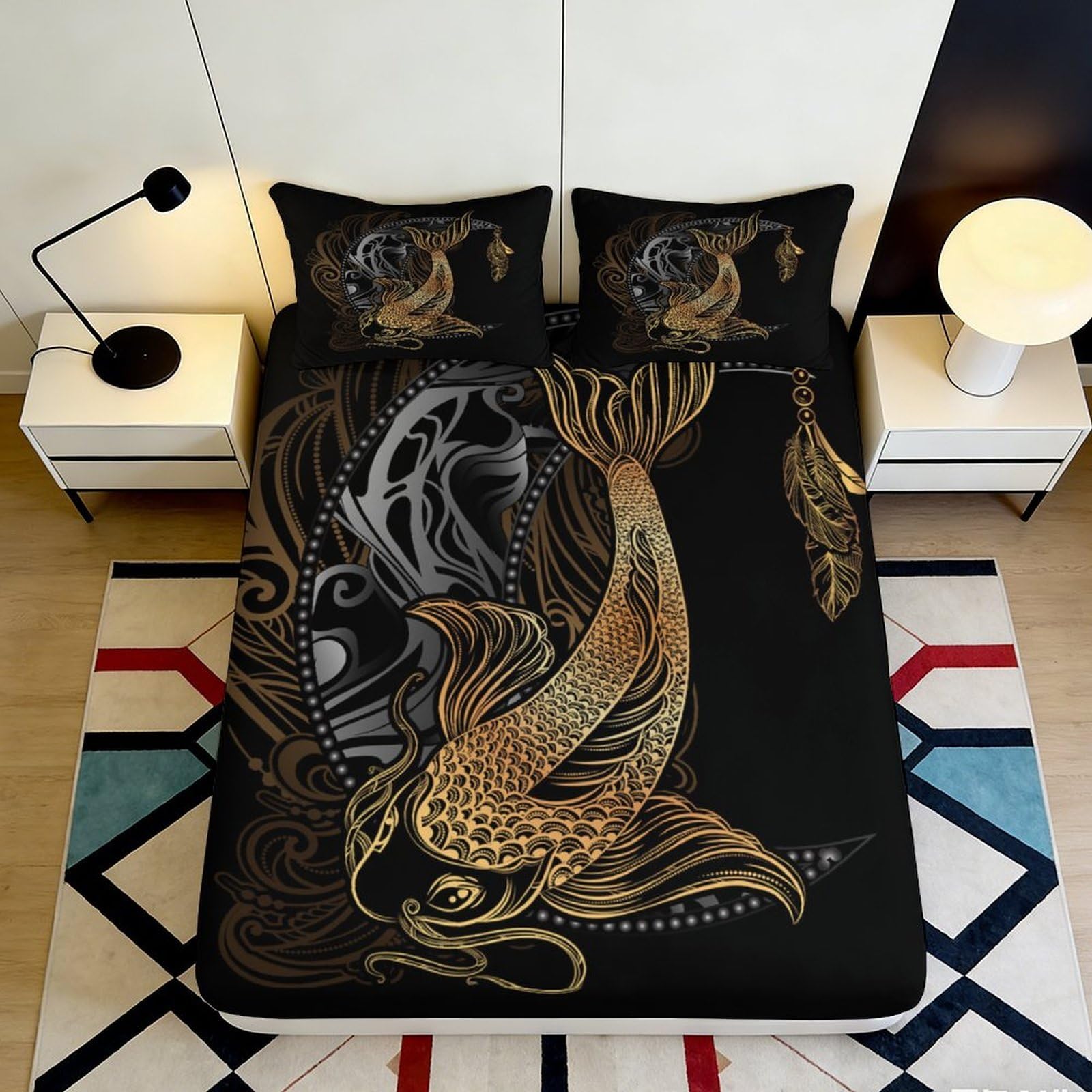 3D Printed Golden Koi Fish Fitted Sheet Microfiber Black Artistic Dragon Mattress Cover Non Slip for Bedroom Decor 90x200x25cm