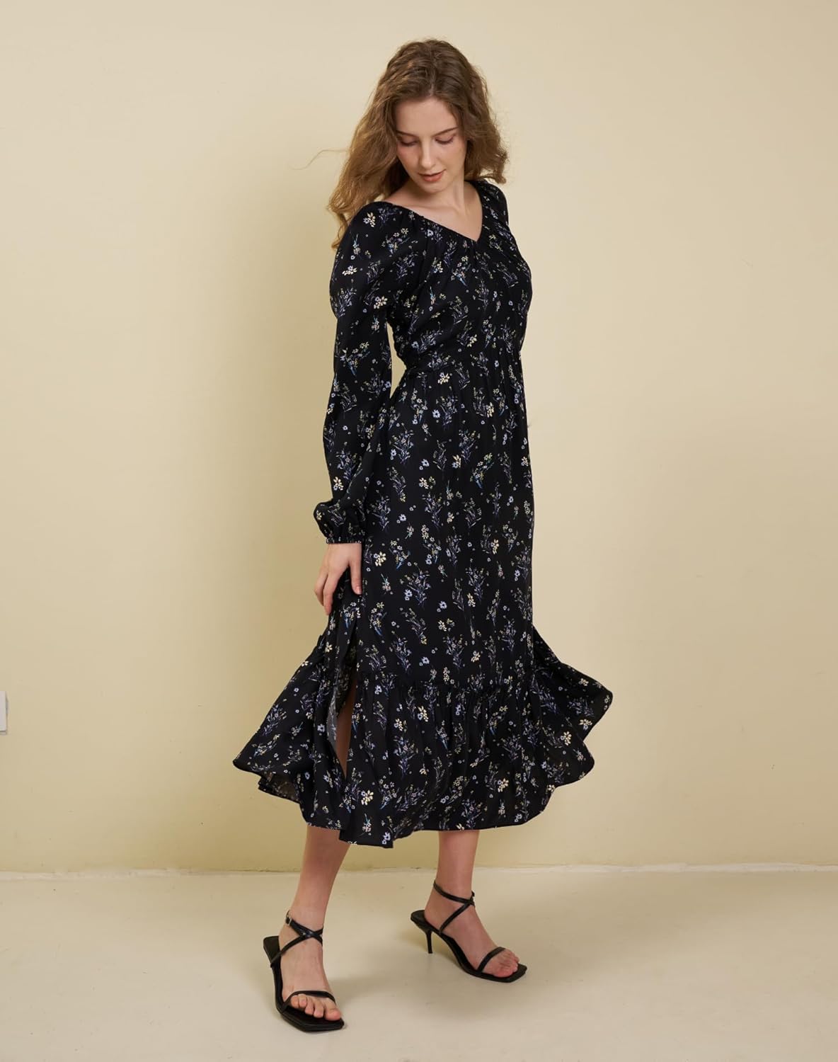 Women's Floral Boho Maxi Dress Long Sleeve V Neck 2025 Spring Ruffle A-Line Split Swing Long Dress with Pockets - Image 2
