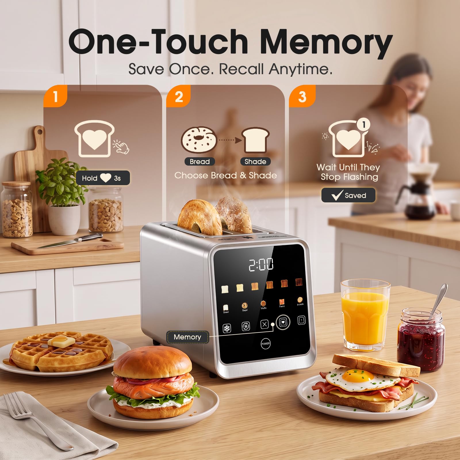 tostapane intelligente a 2 fette, display touch digitale con funzione di memoria, slot extra larghi da 1,5 pollici, 5 tipi di pane e 6 impostazioni dorate, 900 W per tostatura rapida, modalità