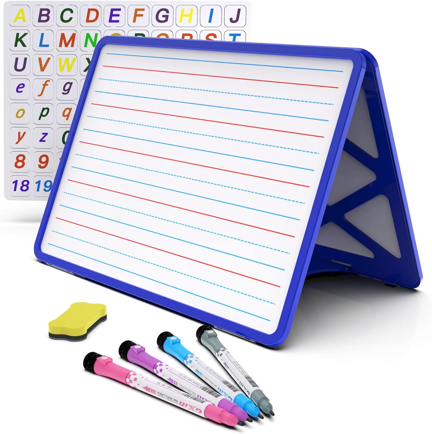 Small Dry Erase White Board with Stand, Double Sided Dry Erase Board for Kids, Foldable Small White Board Portable Mini Whiteboard with Lines & Holder for Home School Office