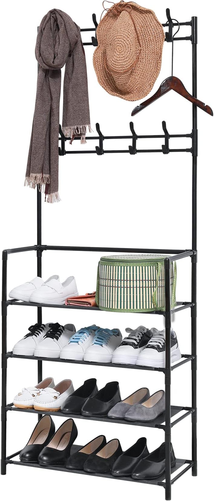 Coat Rack Shoe rack Hall Tree 3 in 1 Designed of Metal Storage Rack with Bag ，Coat， Hat ，Shoe Rack Fits Your Hallway， entryway with 4-Tier Shelf for Storage Shoes ，Clothes(black)
