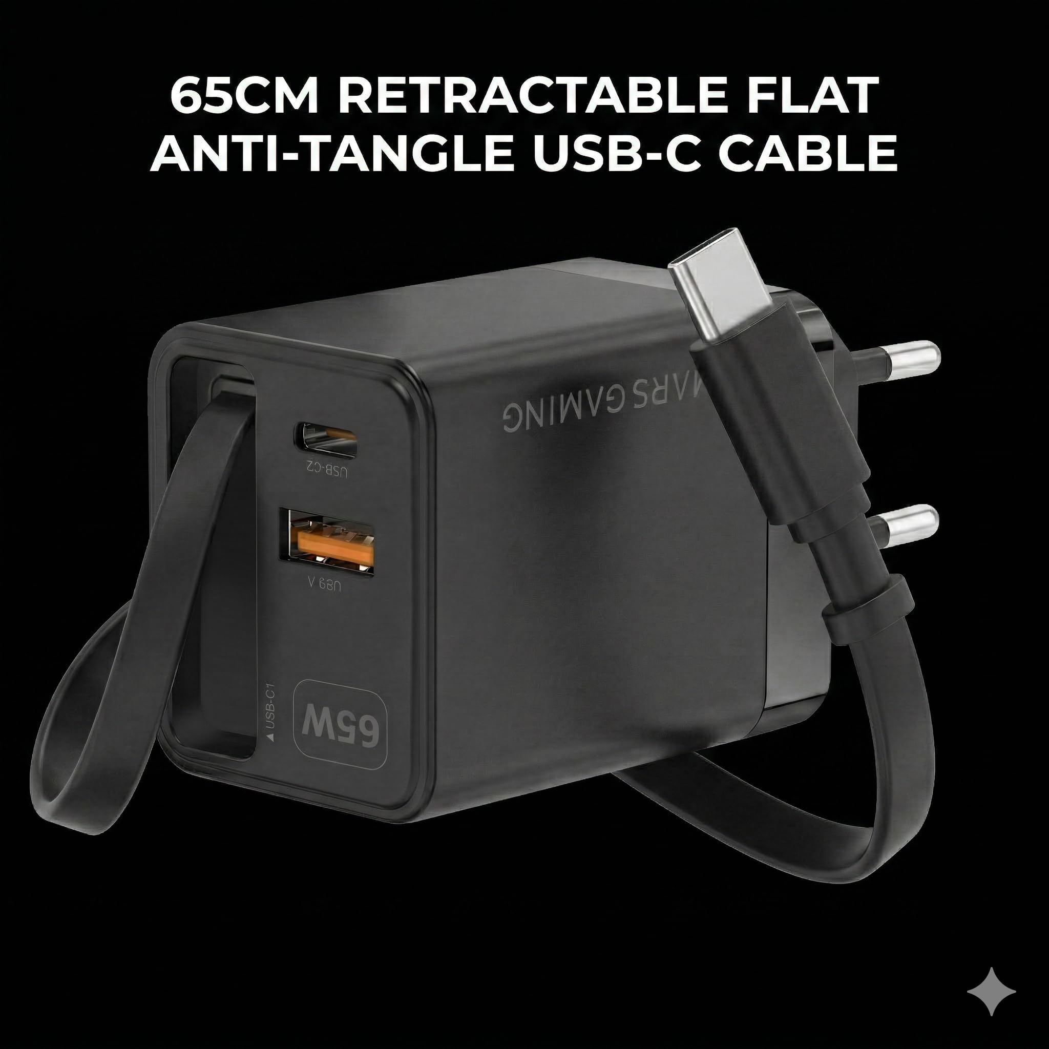 Mars Gaming MD-GAN65R Caricatore USB-C 65W GaN Ricarica Rapida QC 3.0 PD 3.0 Cavo Retrattile 65cm USB-A USB-C Spina Europea Tipo C Nero