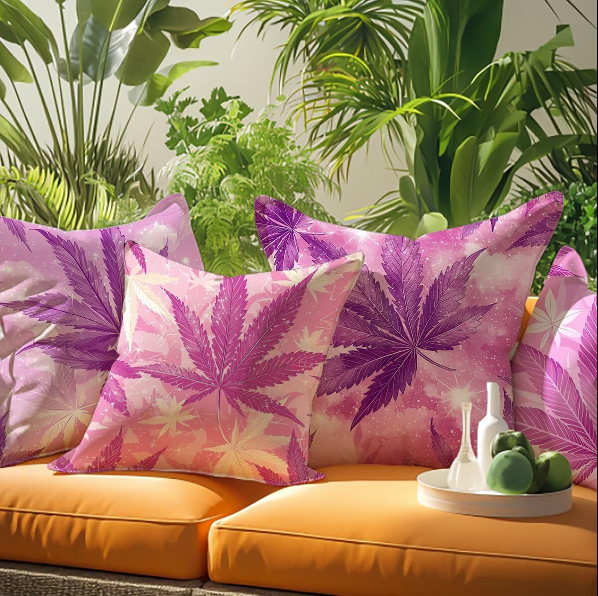 Funda Cojin 55x55 Pack de 4 Rosa Cojines de Exterior Impermeables de Lino, Cuadradas, Decorativas Hoja para Sofá, Muebles de Jardín, Sofá, Cama, Banco, Decoración Rústica, Regalos para Mujeres G9-860