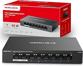 MERCUSYS 8-Port Gigabit Desktop Switch with 7-Port PoE+, PoE Power Budget 65W, compatible with 802.3af/at PDs, Power management, metal case, Plug & Play, No Configuration Required (MS108GP)