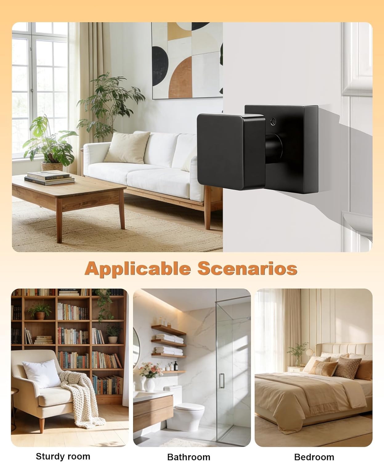 Probrico 6 Pack Black Square Door Knobs, Modern Heavy Duty Design Door Handle for Bedroom Bathroom, Keyless Privacy Interior Door Knob with Lock