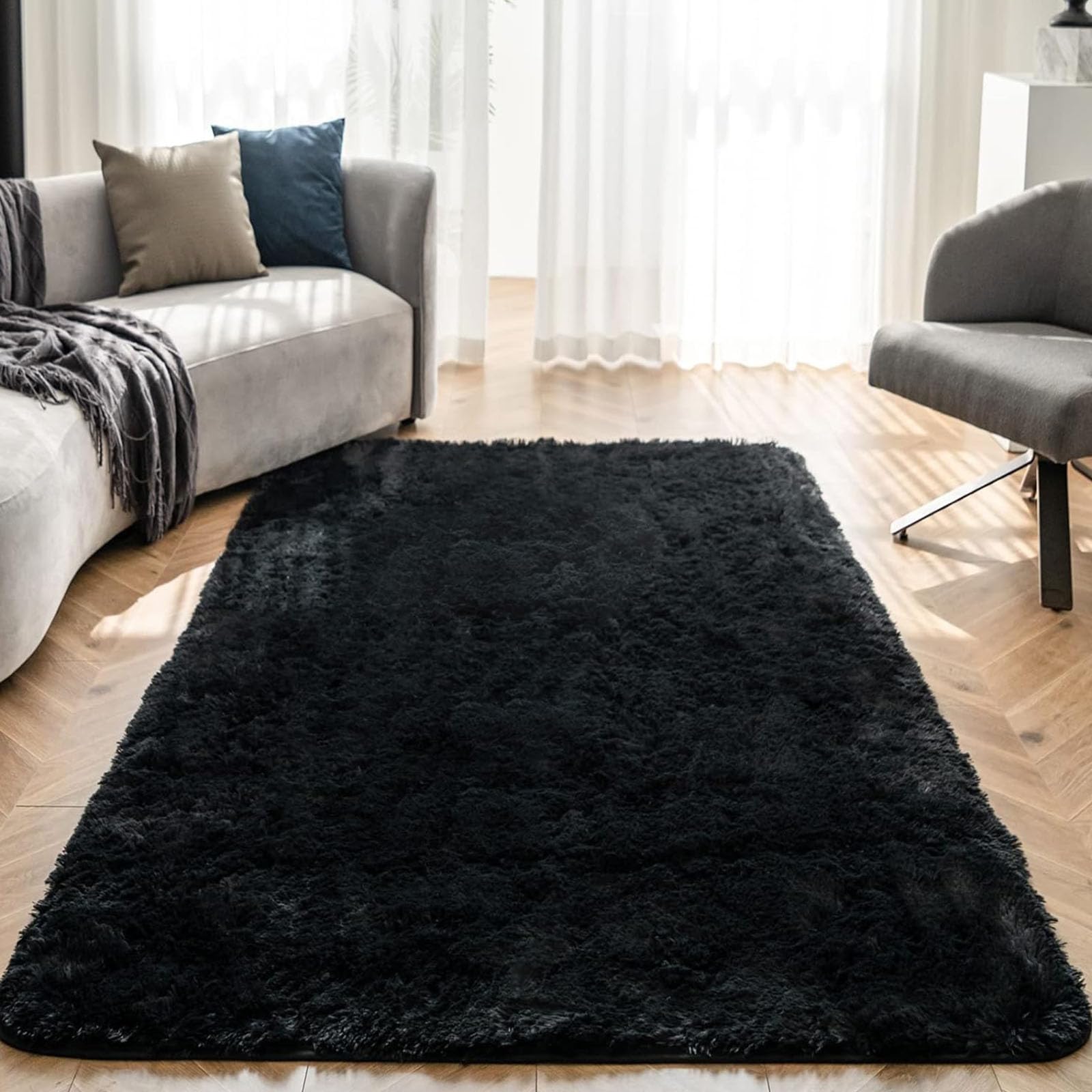 Tapis de salle de séjour moderne design noir 185x240 grand tapis de chambre poil long