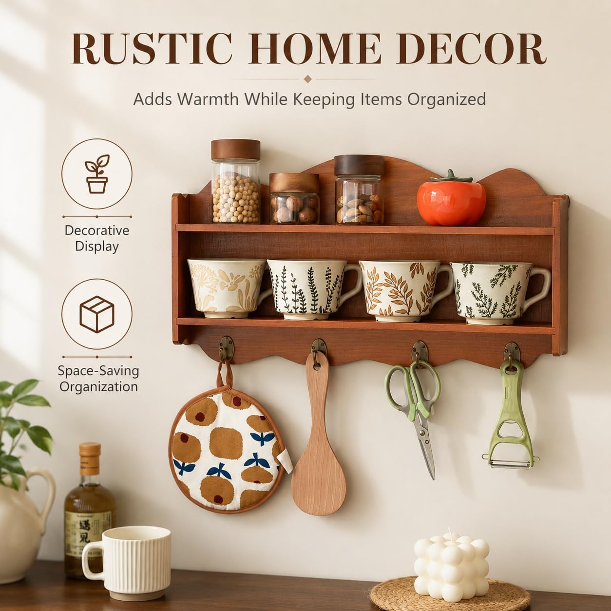 Półki Wiszące z Litego Drewna z 4 Hakami Retro, 2-Poziomowa Półka Ścienna i Organizer do Kuchni, Sypialni, Przedpokoju(Brown)
