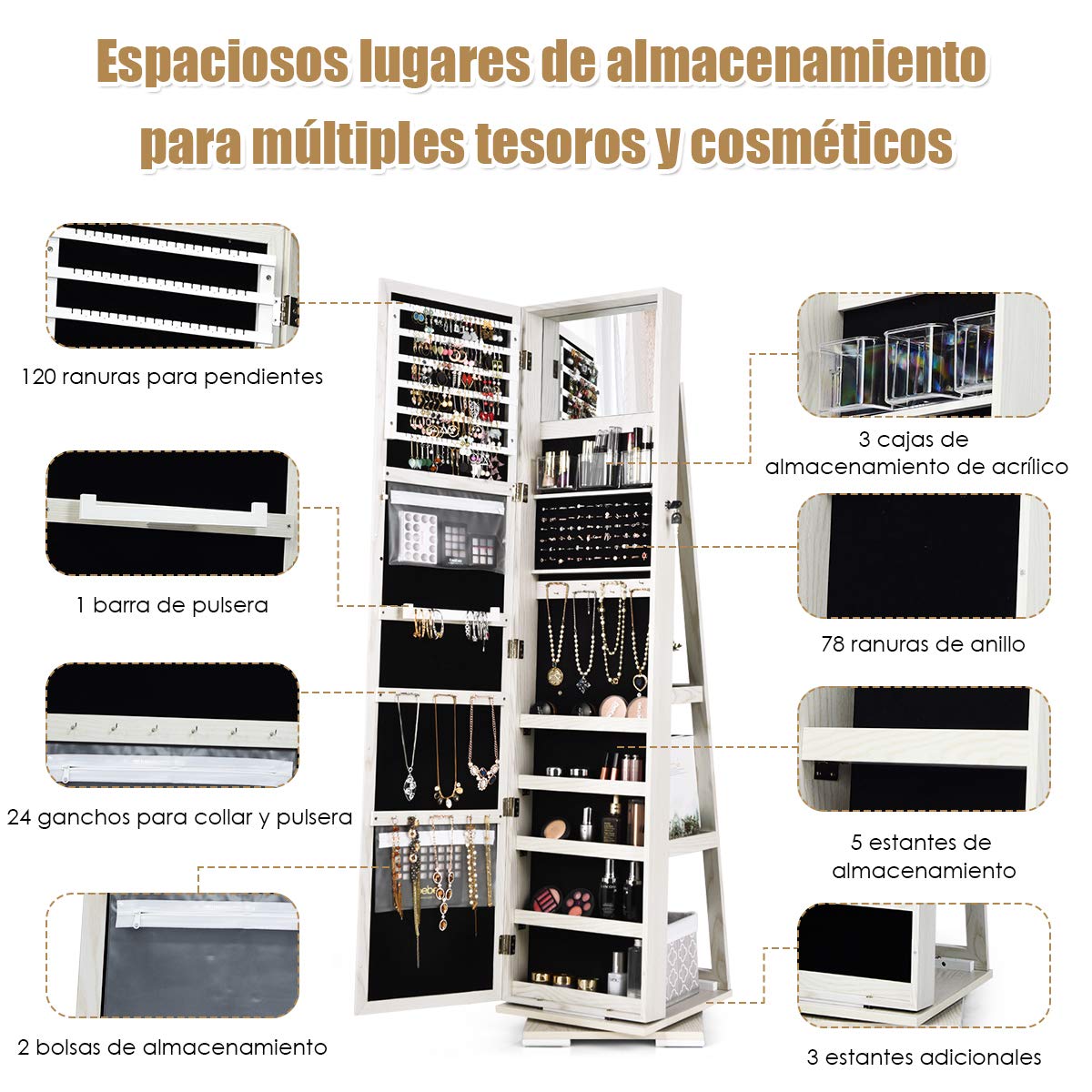 COSTWAY Armario Joyero con Espejo y Estante Escalera Giratorio Cerradura Organizador (blanco)