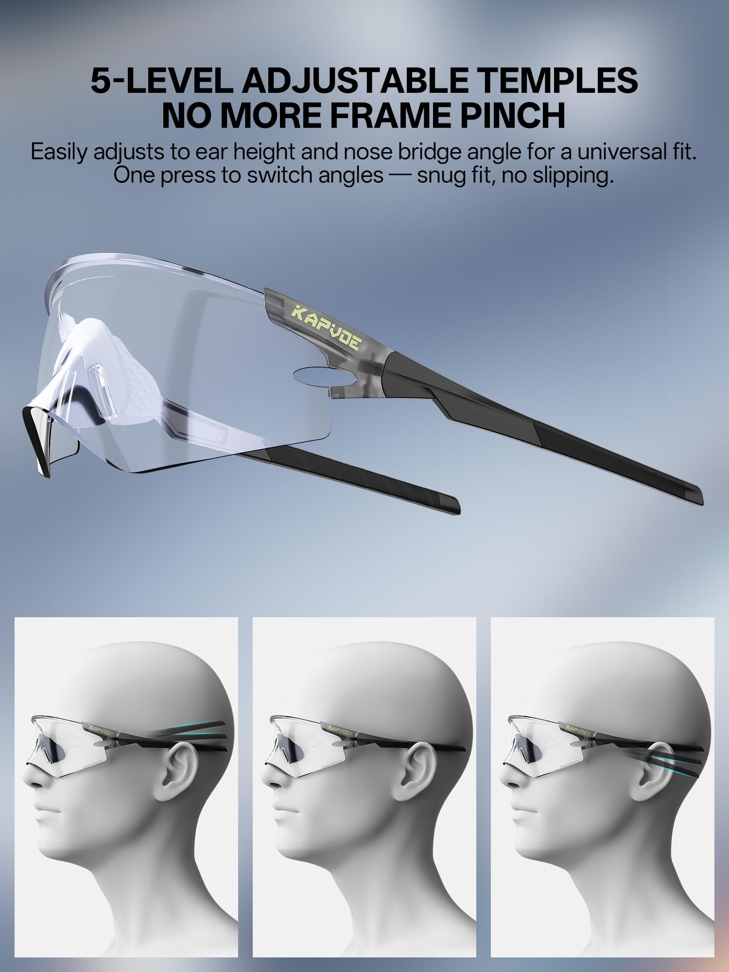 KAPVOE K410 Gafas de Ciclismo Portátiles Gafas de Sol Fotocromáticas & Alta Definición para Hombre y Mujer Patillas Ajustables Protección UV400 Ligeras con Bolsa para Bicicleta Gafas MTB
