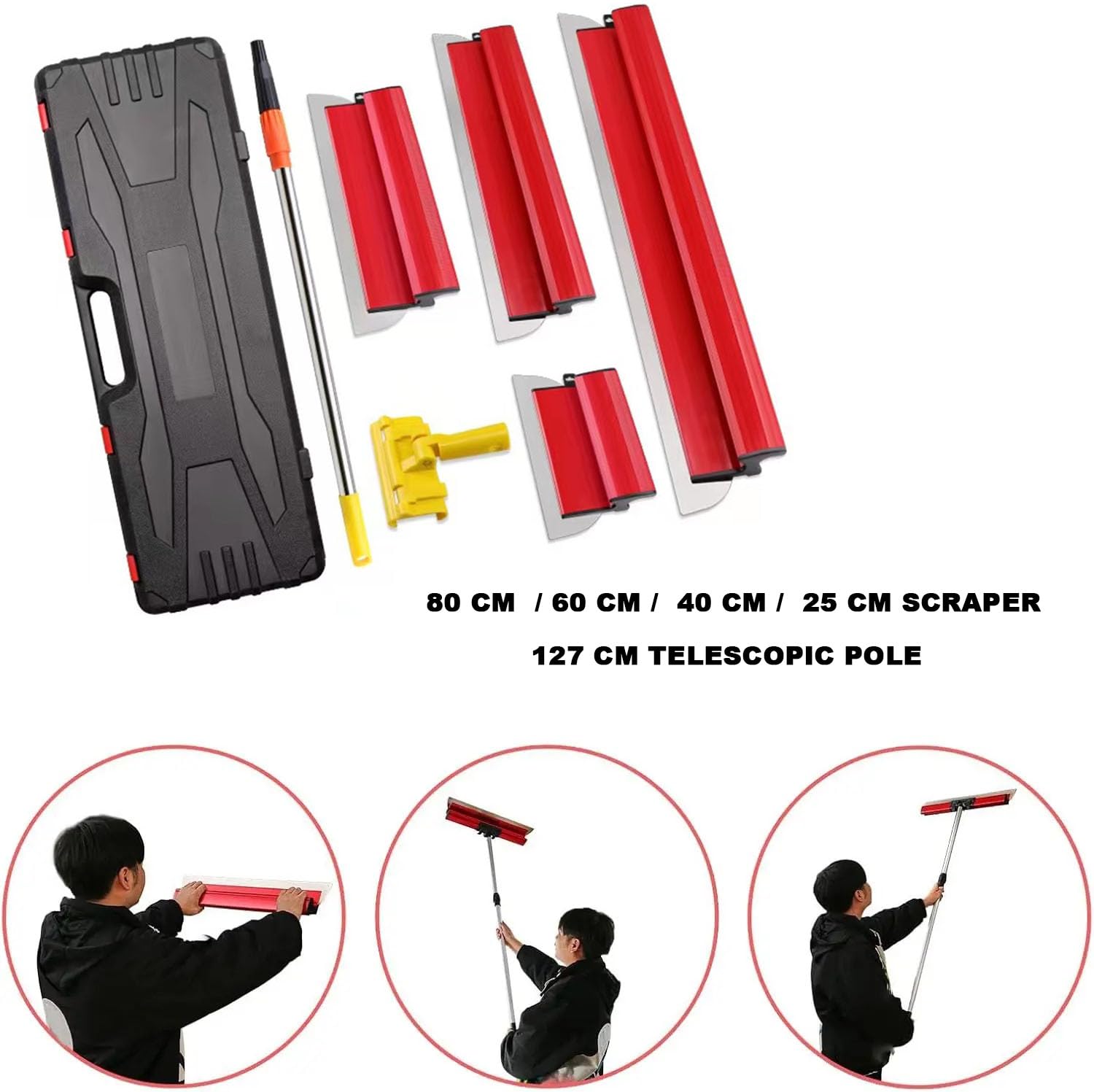 NEWFUN Kit Lame à Lisser pour Plaquiste, Spatules de 25 cm, 40 cm, 60 cm et 80 cm pour le Crépissage des Murs et Plafonds, Perche Télescopique de 1,27 M (red)