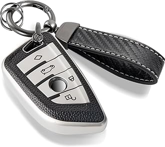 for BMW Key Fob Cover with Carbon Fiber Style Belt Keychain, Upgraded Blade Shape Soft TPU Surface Grain Key Case for New BMW Key Fob Shell (Silver, B)