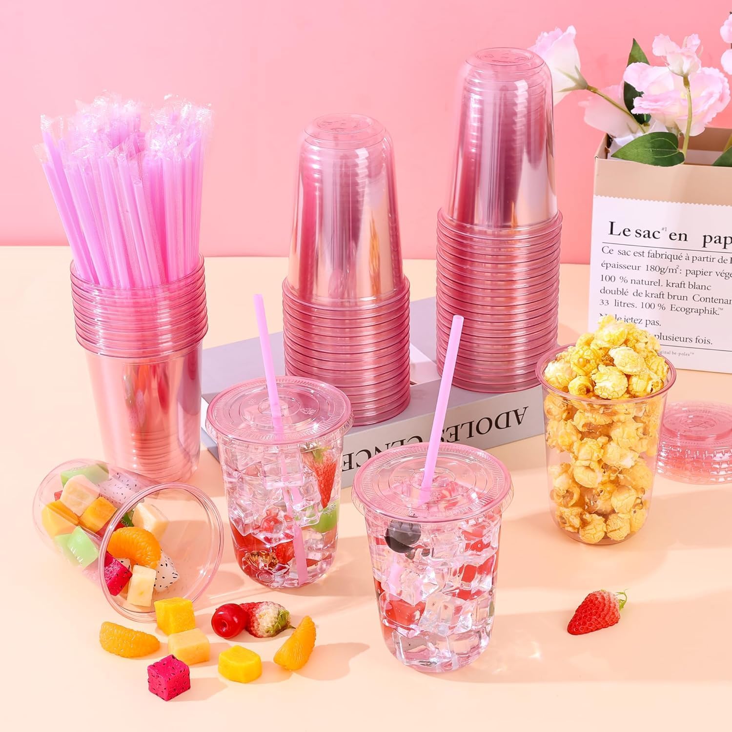 KesaPlan 100 Pack 16 oz Pink Plastic Party Cups with Lids and Straws, Disposable Iced Coffee Cup with Lids, Round Bottom Drinking Cups for Birthday Wedding Valentine's Galentine's Bachelorette Party
