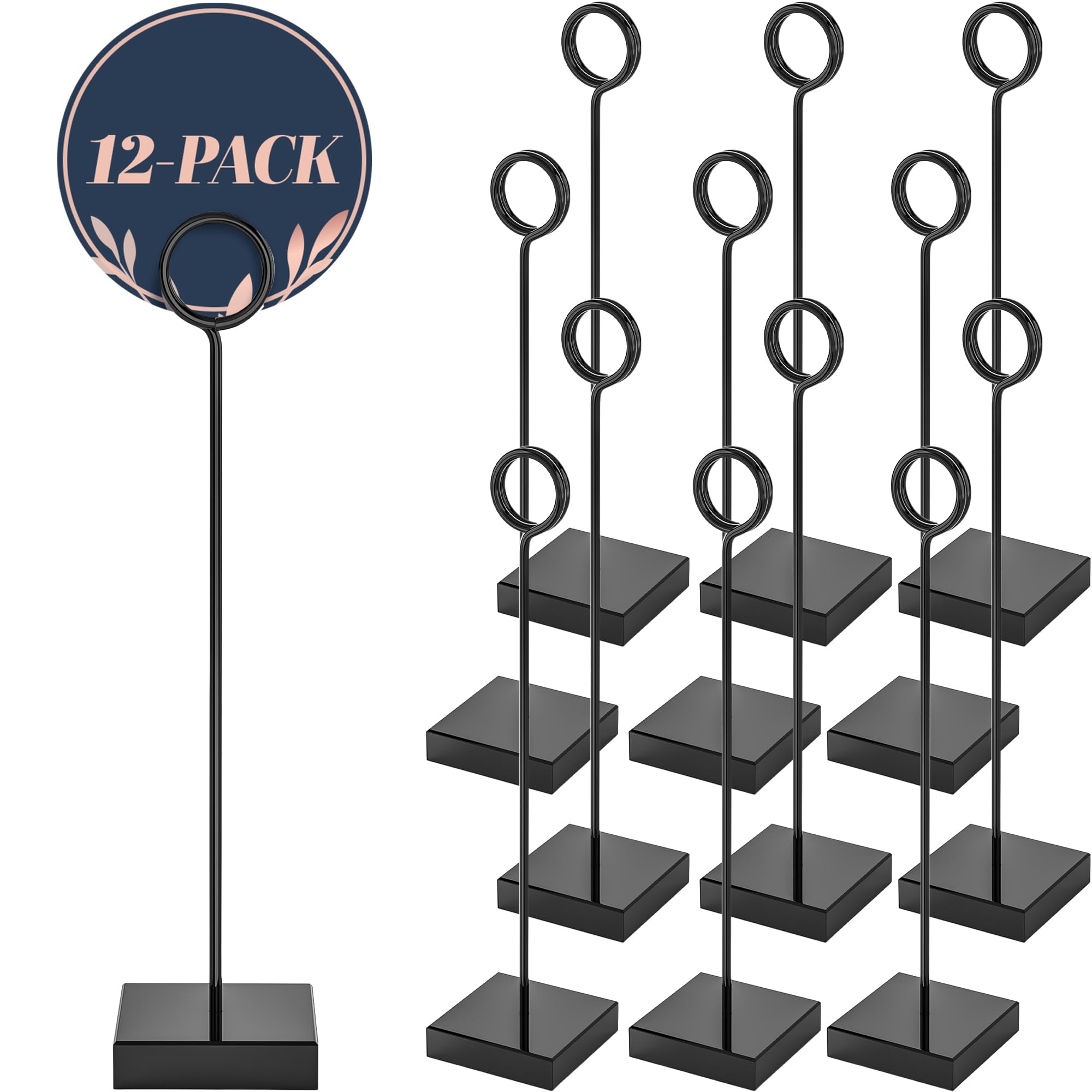 Set di 12 segnaposto alti neri per tavoli di nozze, lussuosi porta biglietti da tavolo in acrilico con base quadrata ponderata da 5,1 cm, 19,7 cm, per foto, cartelli e centrotavola (nero)