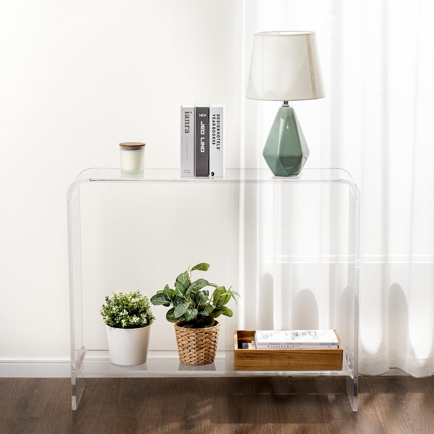 Mesa de consola de entrada de acrílico transparente de 0.591 in con estante inferior de exhibición, 2 niveles para sala de estar, sofá, estantes de almacenamiento, decoración moderna de lujo 4